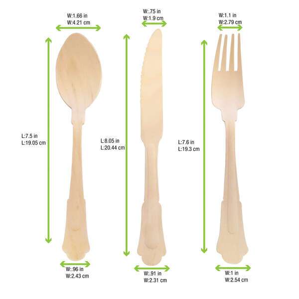 PacknWood 210WRENK24, 8.5-inch Wrapped Elegant Wooden Cutlery Set (Fork, Knife, Spoon), 100/PK