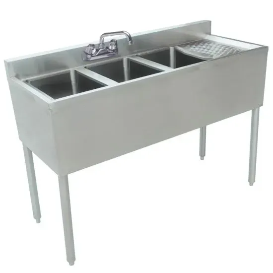 Prepline BAR-3C-R, 48x18-Inch Stainless Steel 3 Bowl Underbar Hand Sink with Faucet and Right Drainboard