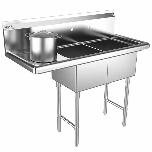 Prepline XS2C-1416-L, 42.5-inch 2-Compartment Commercial Sink with Left Drainboard, 14x16-inch Bowls