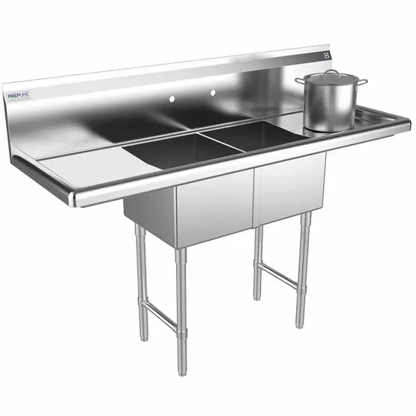 Prepline XS2C-1416-LR, 52-inch 2-Compartment Commercial Sink with Left and Right Drainboards, 14x16-inch Bowls