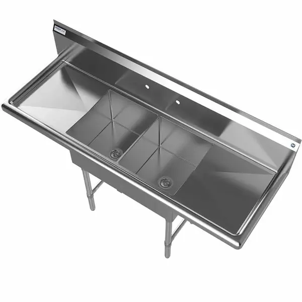Prepline XS2C-1416-LR, 52-inch 2-Compartment Commercial Sink with Left and Right Drainboards, 14x16-inch Bowls