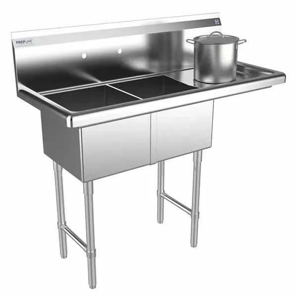 Prepline XS2C-1416-R, 42.5-inch 2-Compartment Commercial Sink with Right Drainboard, 14x16-inch Bowls
