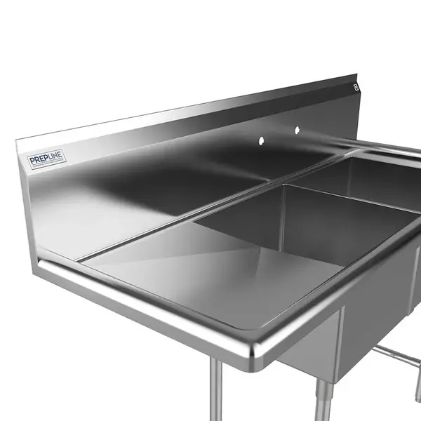 Prepline XS2C-1818-L, 56.5-inch 2-Compartment Commercial Sink with Left Drainboard, 18x18-inch Bowls