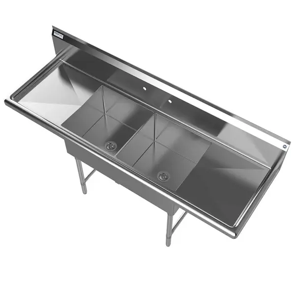 Prepline XS2C-1818-LR, 72-inch 2-Compartment Commercial Sink with Left and Right Drainboards, 18x18-inch Bowls