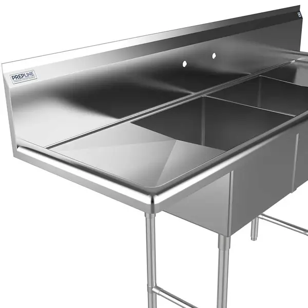 Prepline XS2C-1818-LR, 72-inch 2-Compartment Commercial Sink with Left and Right Drainboards, 18x18-inch Bowls