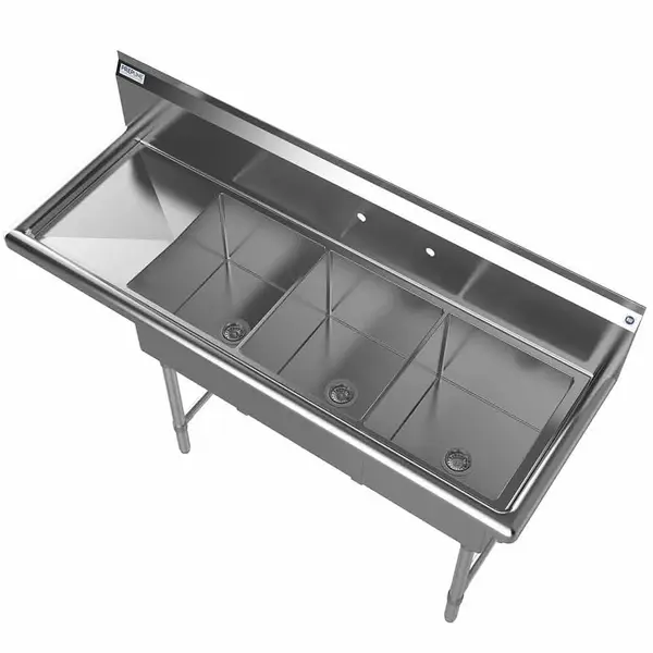 Prepline XS3C-1416-L, 56-inch 3-Compartment Commercial Sink with Left Drainboard, 14x16-inch Bowls