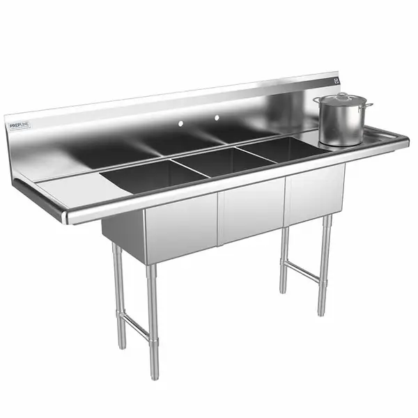 Prepline XS3C-1416-LR, 66-inch 3-Compartment Commercial Sink with Left and Right Drainboards, 14x16-inch Bowls