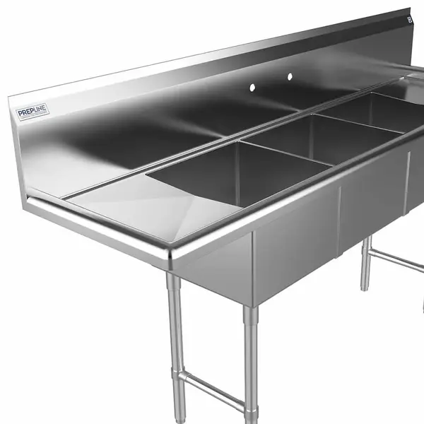 Prepline XS3C-1416-LR, 66-inch 3-Compartment Commercial Sink with Left and Right Drainboards, 14x16-inch Bowls