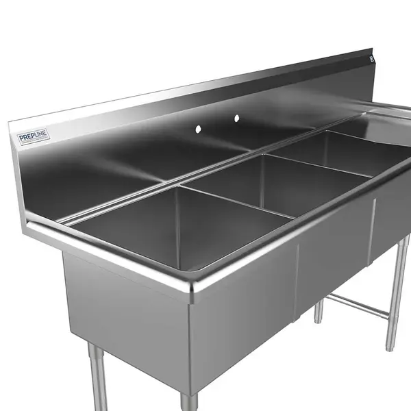Prepline XS3C-1818-R, 74-inch 3-Compartment Commercial Sink with Right Drainboard, 18x18-inch Bowls