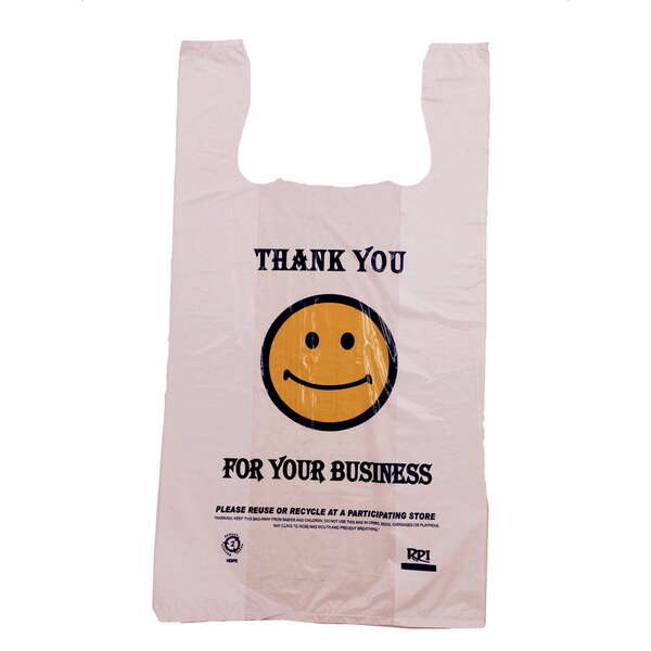 Rainbow 1/8SF, 1/8-Size White "Smile Face" Plastic T-Shirt Shopping Bags, 300/Cs