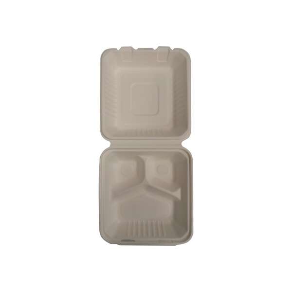 SafePro BC883PF, 8x8x3-Inch 3-Compartment PFAS-Free Bagasse Hinged Take Out Container, 200/CS