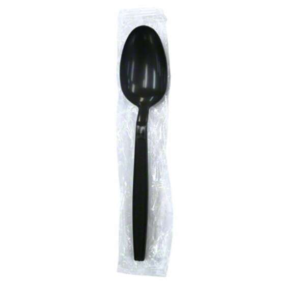 SafePro IWTSMB Individually Wrapped Black Medium Weight Plastic Teaspoon, 1000/CS