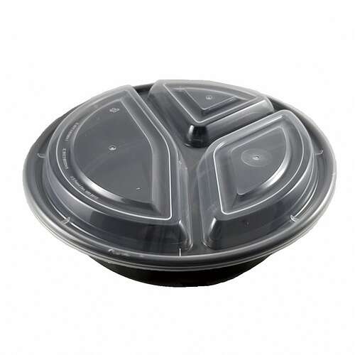 SafePro MC348B 39 Oz Round 3-Compartment Microwavable Containers Combo, Black Bottom, 150/CS