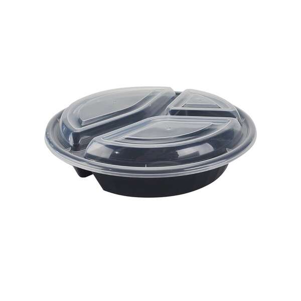 SafePro MC348B 39 Oz Round 3-Compartment Microwavable Containers Combo, Black Bottom, 150/CS
