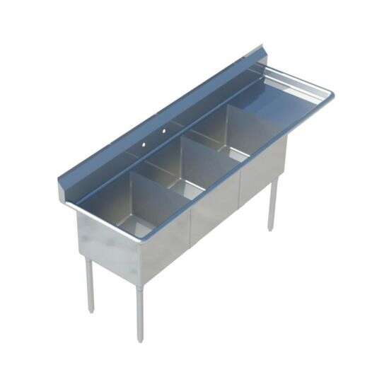 Sapphire SMS-3-1416R, 14x16-Inch 3-Compartment Stainless Steel Sink with Right Drainboard