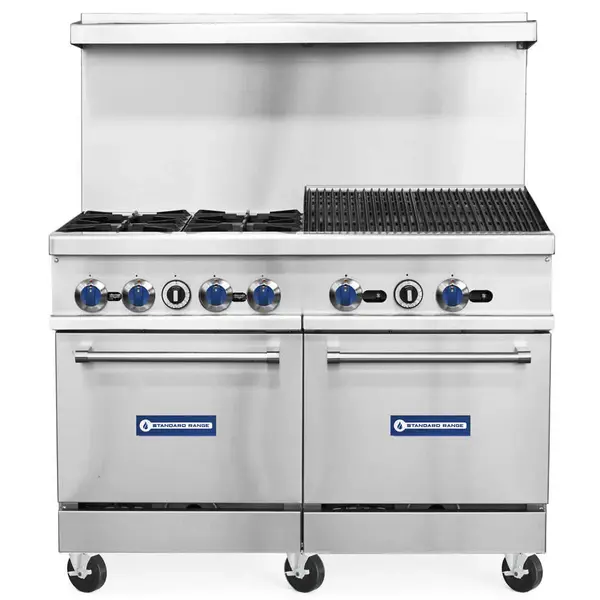 Standard Range SR-R48-24CB, 48-Inch Commercial Gas Range w/ 4 Burners, 24-Inch Char-Broiler Top, 2 Ovens