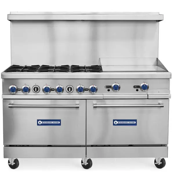 Standard Range SR-R60-24MG, 60-Inch Commercial Gas Range with 24-Inch Griddle, 6 Burners, 2 Ovens - 306,000 BTU