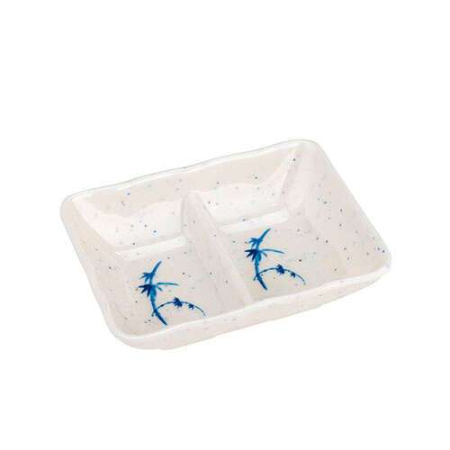 Thunder Group 0002BB 1.5 Oz 3.63 x 2.75 Inch Asian Blue Bamboo Melamine Rectangular Divided White Sauce Dish, DZ