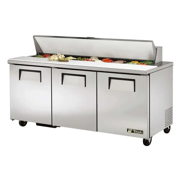 True Refrigeration True TSSU-72-18-HC, 72.38-Inch 3 Door Counter Height Refrigerated Sandwich / Salad Prep Table