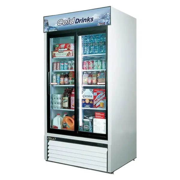 Turbo Air TGM-35R-N Refrigerator 2 Doors Sliding Glass Merchandiser, White Cabinet w/ Black Framed Doors