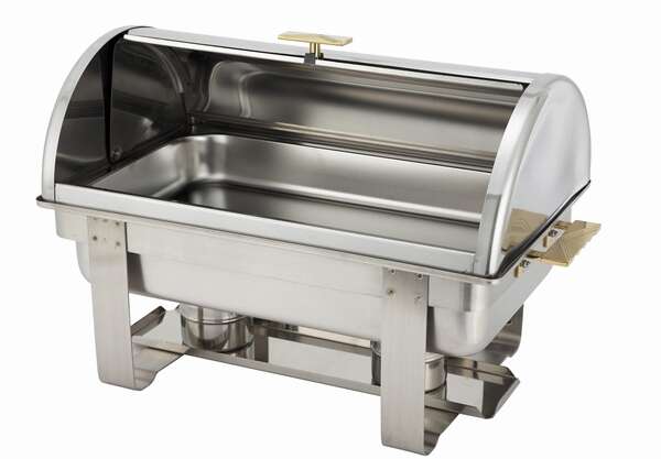 Winco C-5080, 8-Quart Dallas Gold-Accented Stainless Steel Chafer with Roll Top
