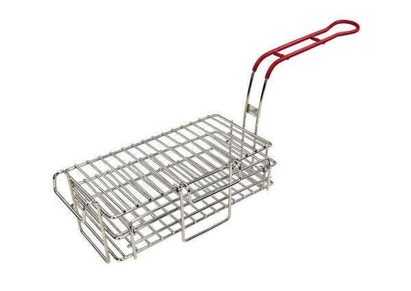 - FB-03, 11.5-Inch Stainless Steel Chimichanga/Burrito Fry Basket, Coated Handle, Red, NSF