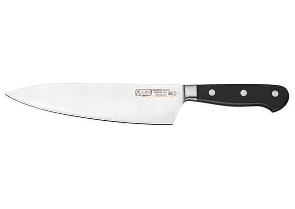 - KFP-85, 8-Inch Acero Chef's Knife, Short Bolster, POM Handle, Black, NSF