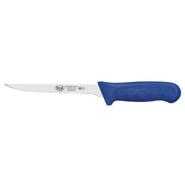 - KWP-61U, 6-Inch Stal High Carbon Steel Stiff Straight Boning Knife, Polypropylene Handle, Blue, NSF