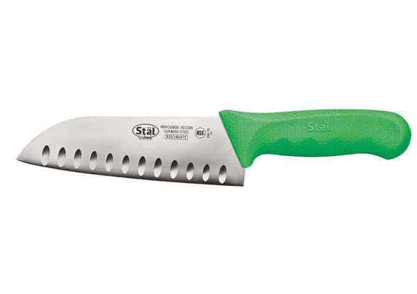 - KWP-70G, 7-Inch Stal High Carbon Steel Santoku Knife, Polypropylene Handle, Green, NSF