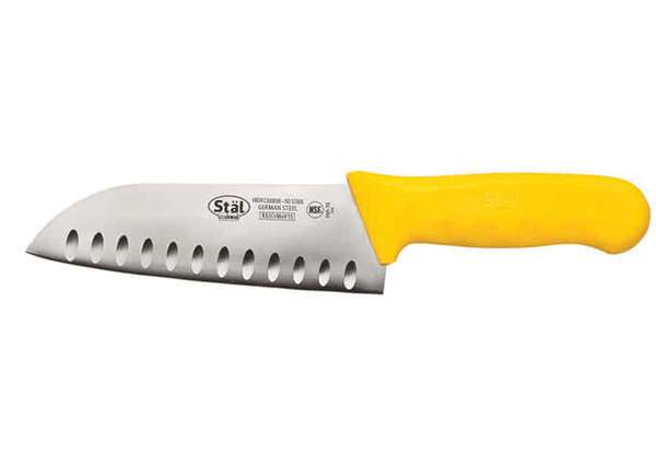 - KWP-70Y, 7-Inch Stal High Carbon Steel Santoku Knife, Polypropylene Handle, Yellow, NSF