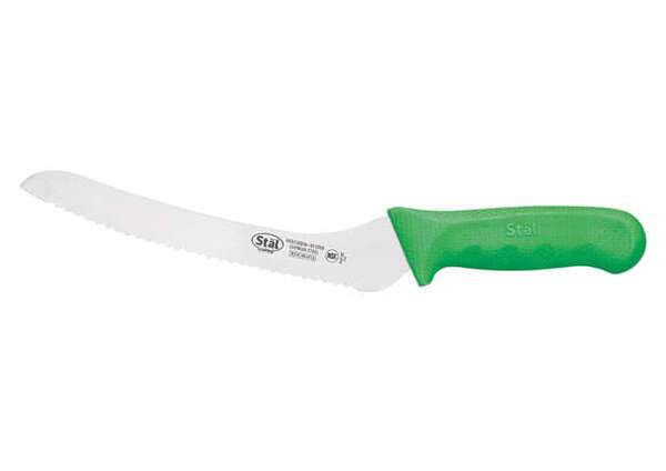 - KWP-92G, 9-Inch Stal High Carbon Steel Offset Bread Knife, Polypropylene Handle, Green, NSF