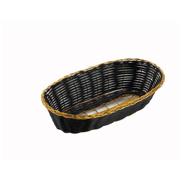 - PWBK-9B, 1-Dozen Oblong Black Poly Woven Basket With Gold Trim