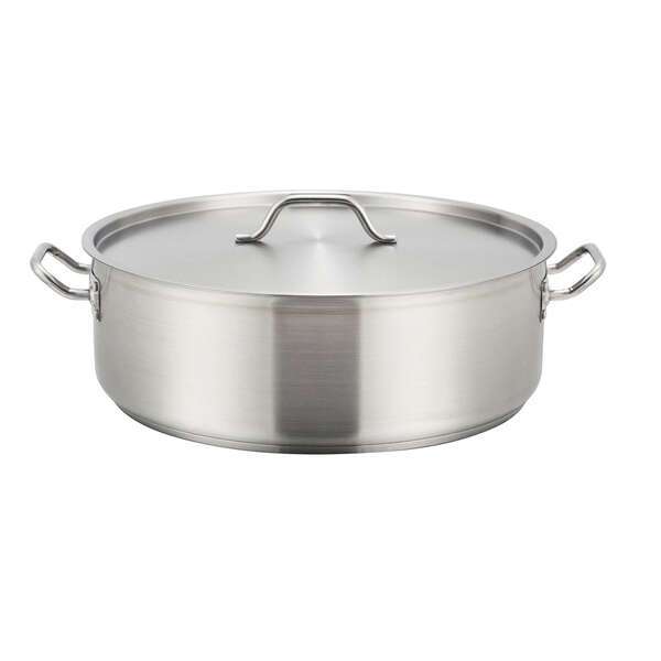 - SSLB-25, 25-Quart 5.9-Inch High 17.7-Inch Diameter Stainless Steel Brazier Pan with Lid, NSF