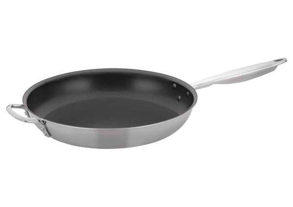 - TGFP-14NS, 14-Inch Dia Tri-Ply Stainless Steel Fry Pan w/o Lid, Non Stick, Helper Handle, NSF