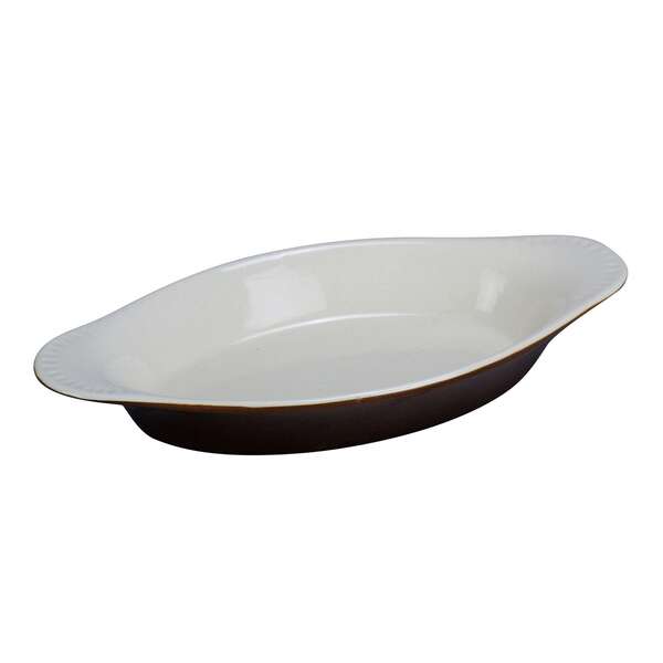 Yanco CO-8-B 8 Oz 8.5x4.25x1.125-Inch Porcelain Welsh Rabbit Oval White/Brown Dish, 36/CS