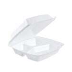 Dart 85HT3R, 8x8x3-Inch Performer White Three Compartment Foam Container with a Removable Hinged Lid, 200/CS