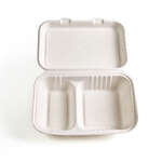 Green Wave TW-BOO-005 9x6x3-Inch Evolution White Bio Bagasse 2-Compartment Container with a Hinged Lid, 300/CS