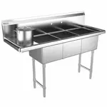 Prepline XS3C-1416-L, 56-inch 3-Compartment Commercial Sink with Left Drainboard, 14x16-inch Bowls