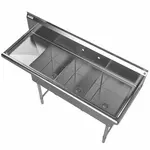 Prepline XS3C-1416-L, 56-inch 3-Compartment Commercial Sink with Left Drainboard, 14x16-inch Bowls